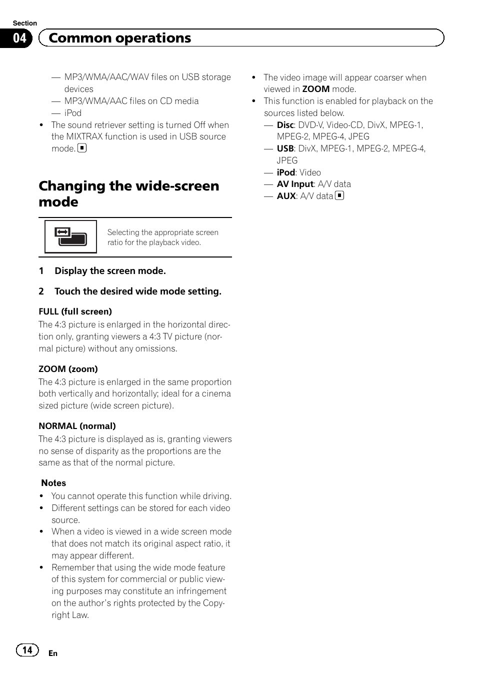 Changing the wide-screen mode, 04 common operations | Pioneer AVH-X2500BT User Manual | Page 14 / 96
