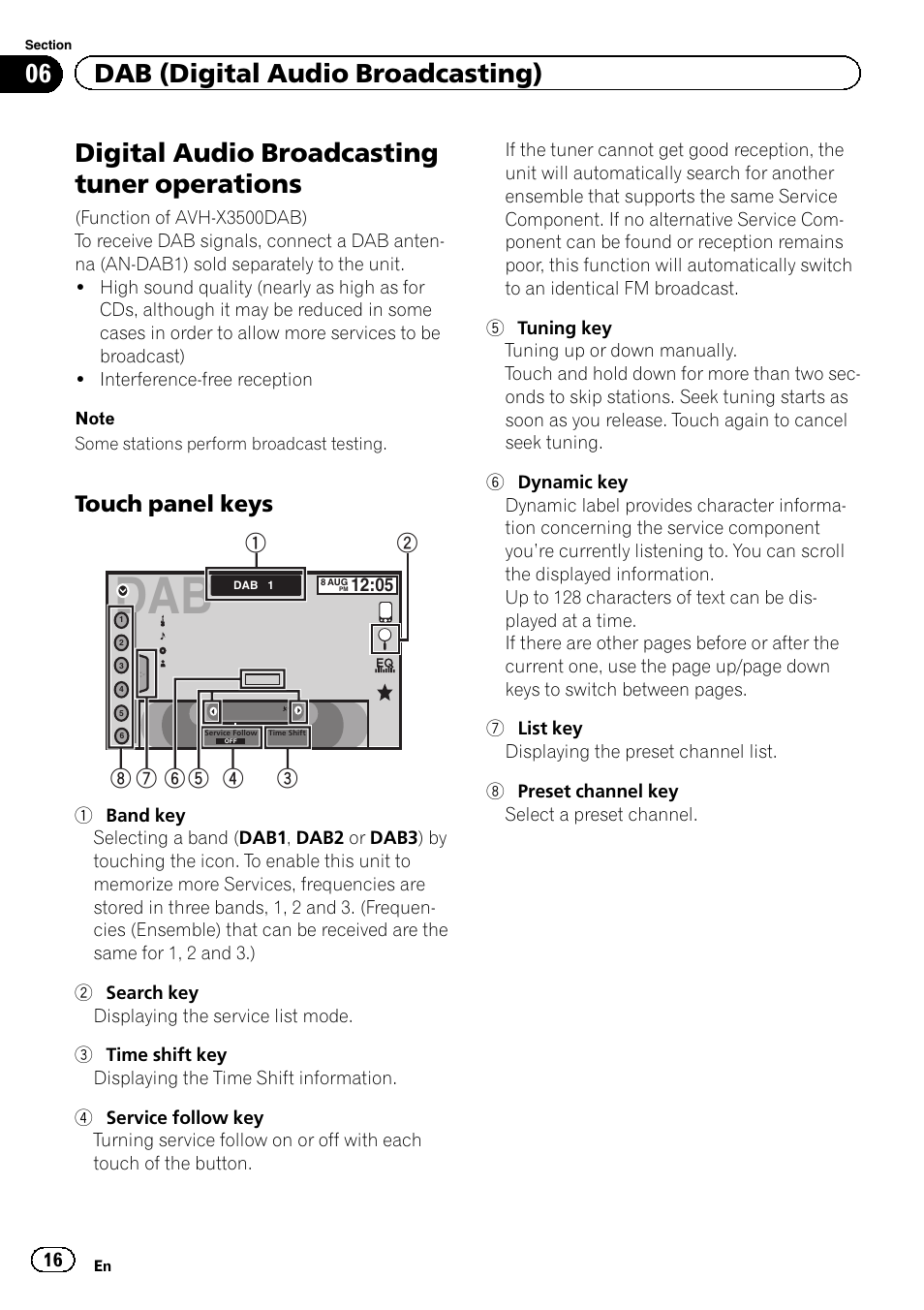 Operations, Digital audio broadcasting tuner operations, 06 dab (digital audio broadcasting) | Touch panel keys | Pioneer AVH-X2500BT User Manual | Page 16 / 96