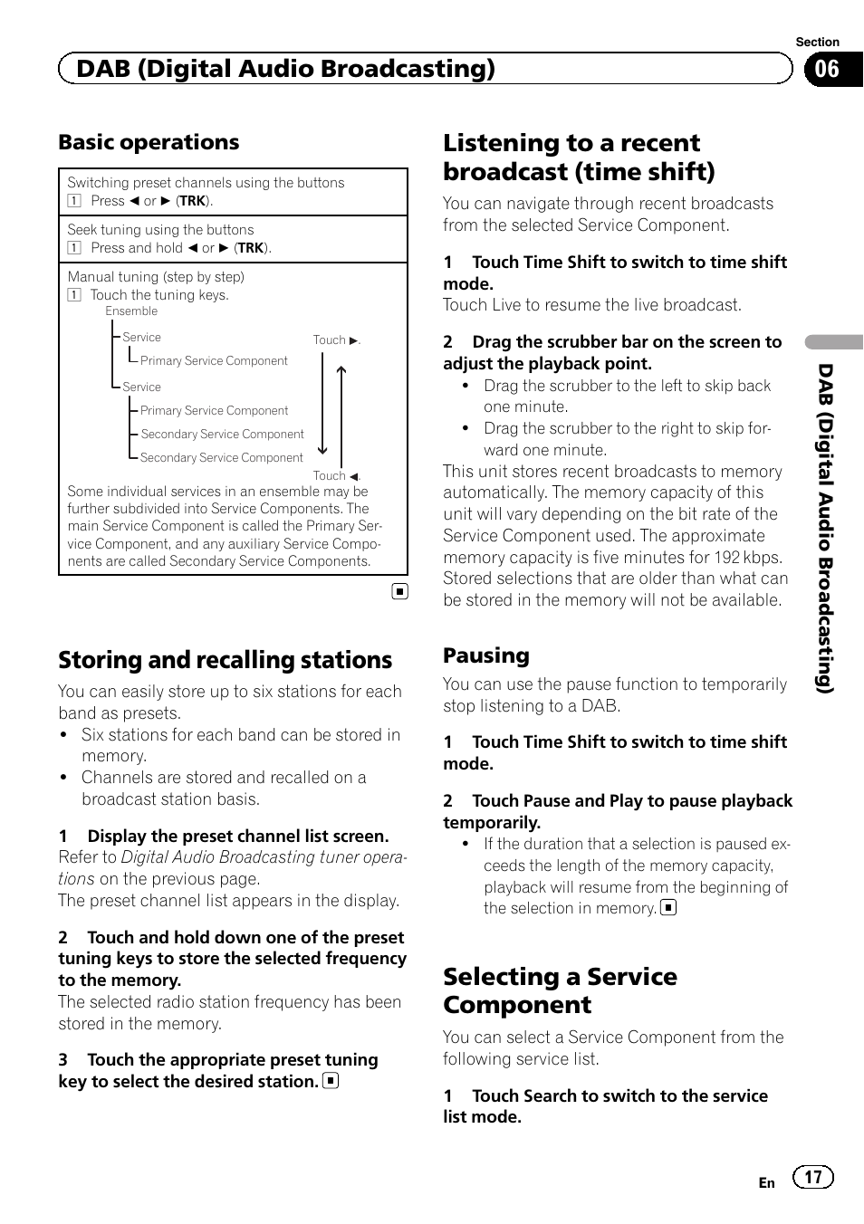 Storing and recalling stations, Listening to a recent broadcast (time, Shift) | Selecting a service component, Listening to a recent broadcast (time shift), Dab (digital audio broadcasting), Basic operations, Pausing | Pioneer AVH-X2500BT User Manual | Page 17 / 96
