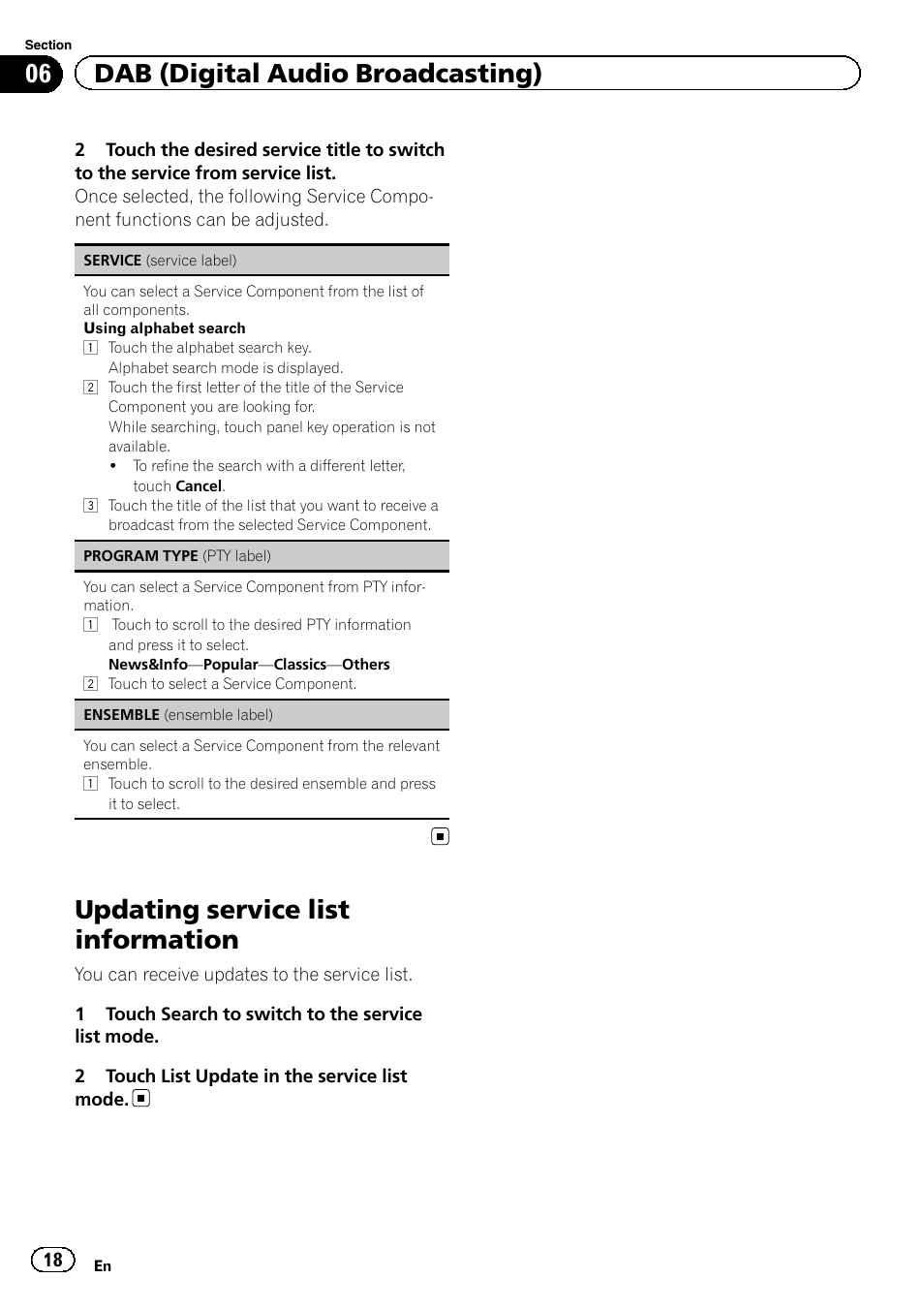 Updating service list information, 06 dab (digital audio broadcasting) | Pioneer AVH-X2500BT User Manual | Page 18 / 96