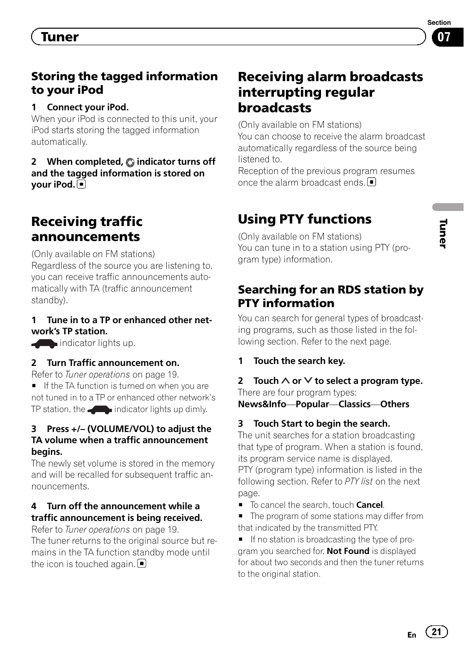 Receiving traffic announcements, Receiving alarm broadcasts interrupting, Regular broadcasts | Using pty functions, Tuner | Pioneer AVH-X2500BT User Manual | Page 21 / 96