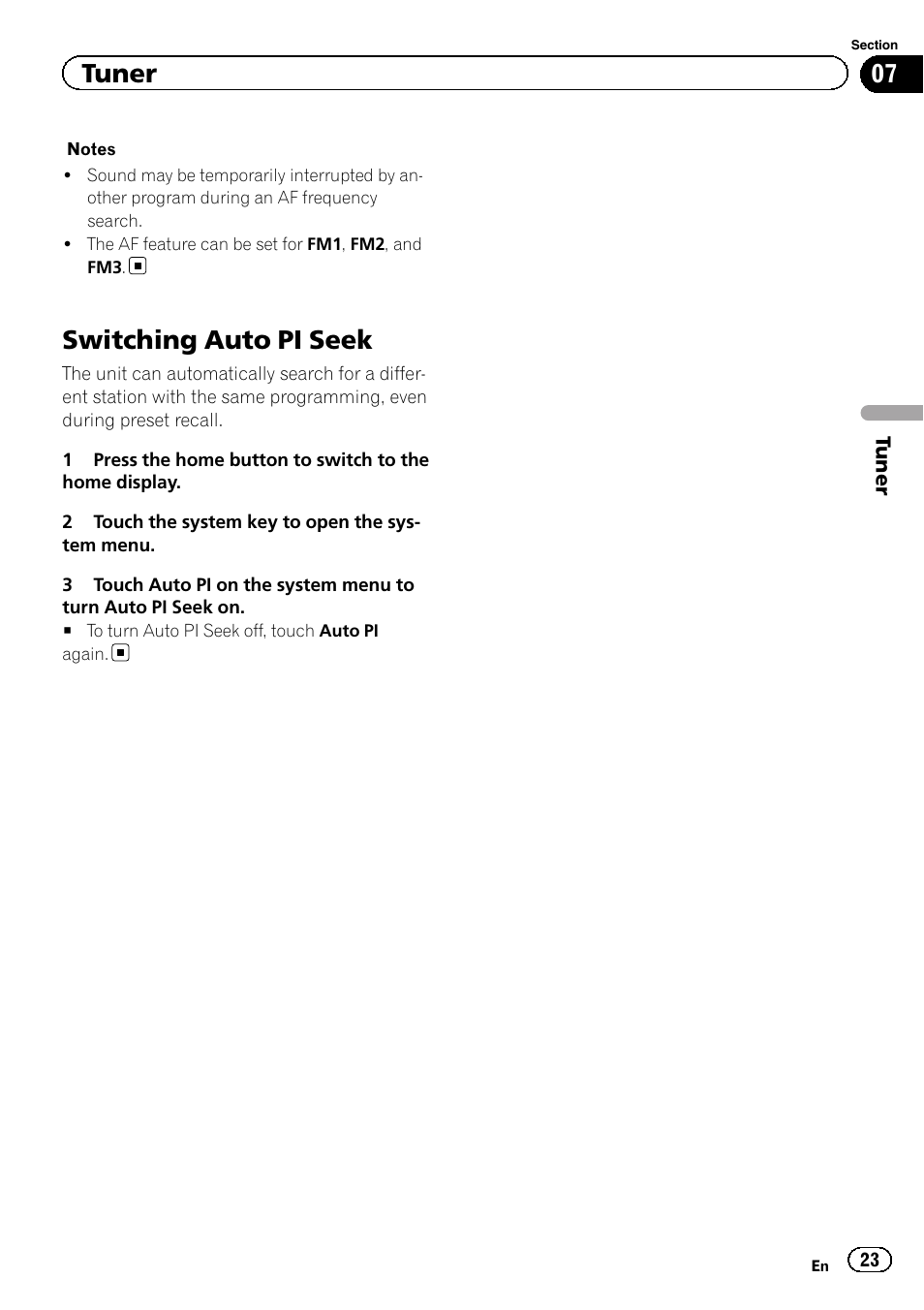 Switching auto pi seek, Tuner | Pioneer AVH-X2500BT User Manual | Page 23 / 96
