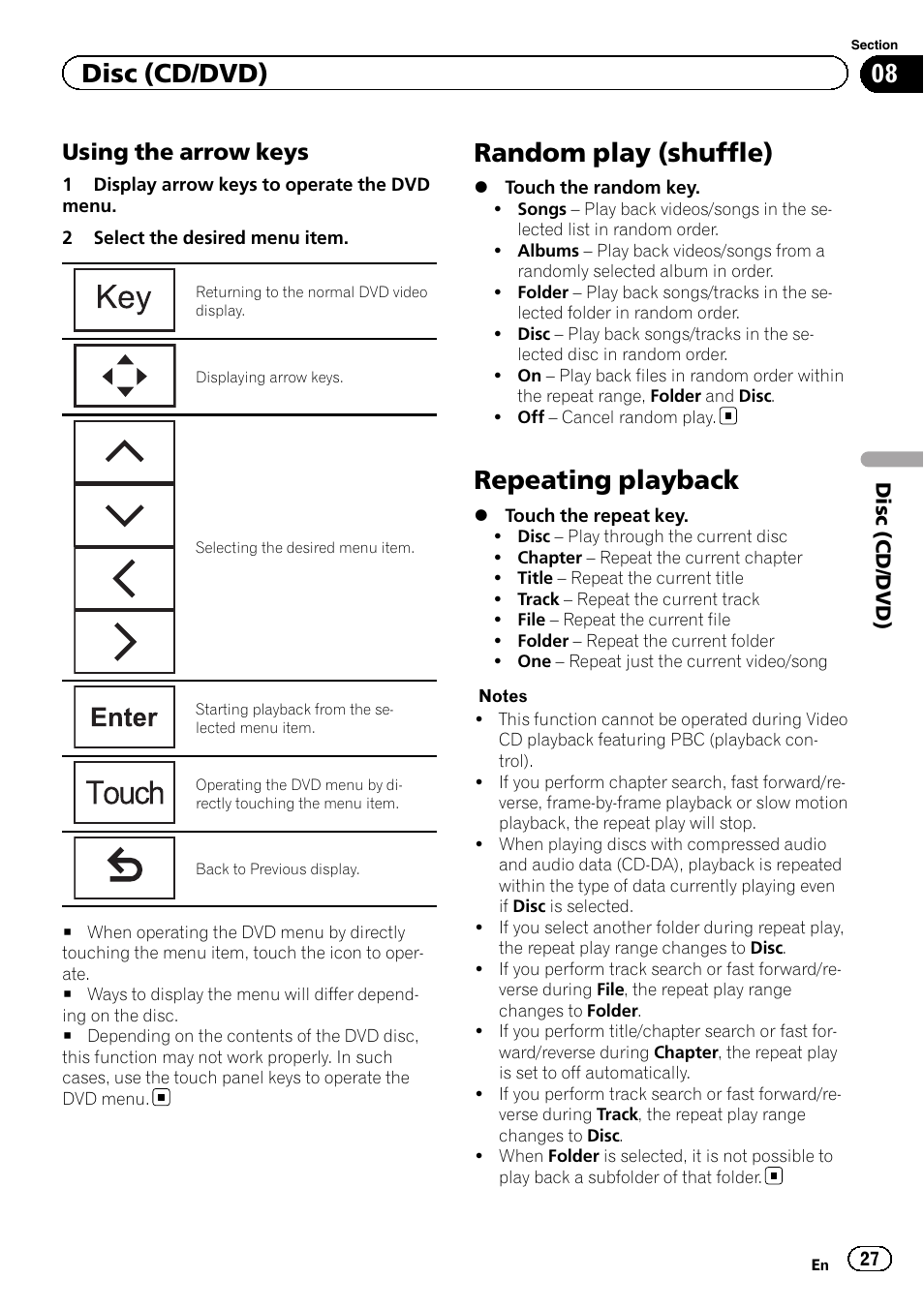 Random play (shuffle), Repeating playback, Disc (cd/dvd) | Using the arrow keys | Pioneer AVH-X2500BT User Manual | Page 27 / 96
