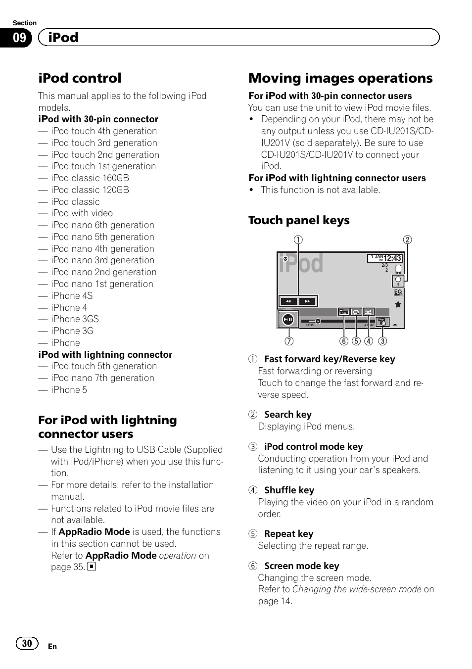 Ipod ipod control, Moving images operations, Ipod | Ipod control, 09 ipod, For ipod with lightning connector users, Touch panel keys | Pioneer AVH-X2500BT User Manual | Page 30 / 96