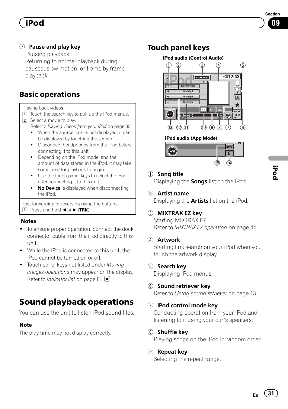 Sound playback operations, Ipod, Basic operations | Touch panel keys | Pioneer AVH-X2500BT User Manual | Page 31 / 96