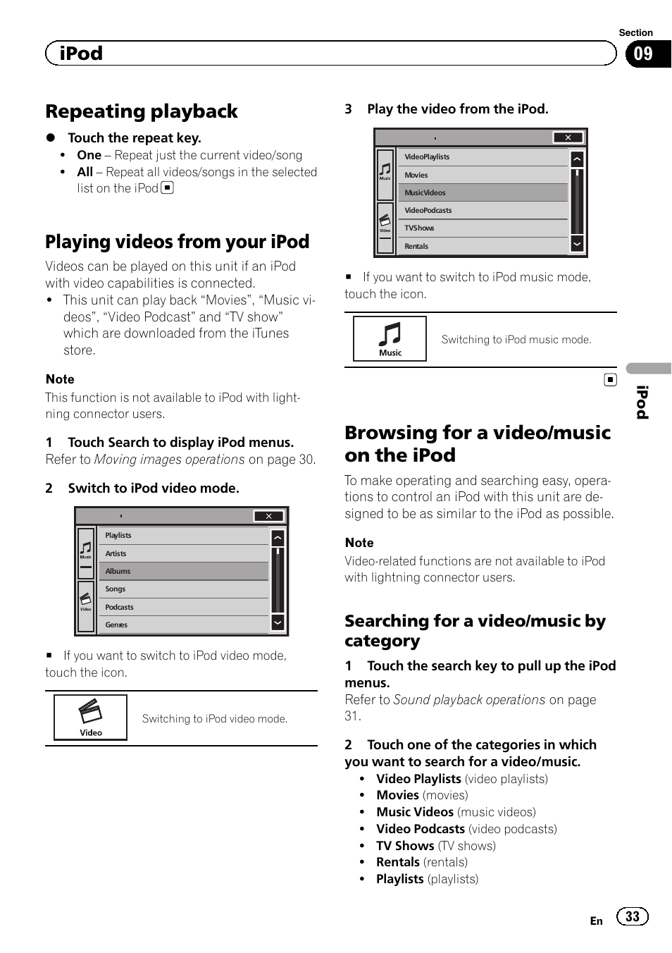 Repeating playback, Playing videos from your ipod, Browsing for a video/music on the ipod | Searching for a video/music by category, Ipod | Pioneer AVH-X2500BT User Manual | Page 33 / 96