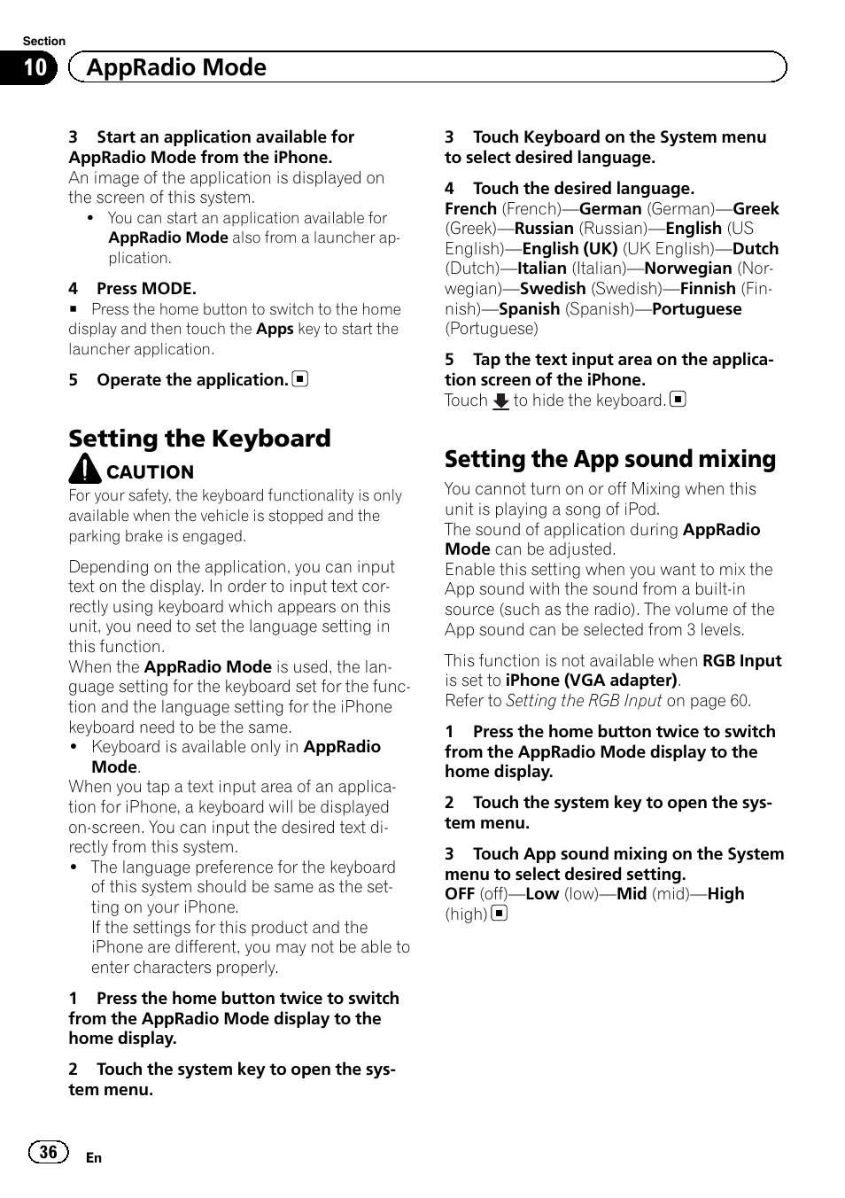 Setting the keyboard, Setting the app sound mixing, 10 appradio mode | Pioneer AVH-X2500BT User Manual | Page 36 / 96
