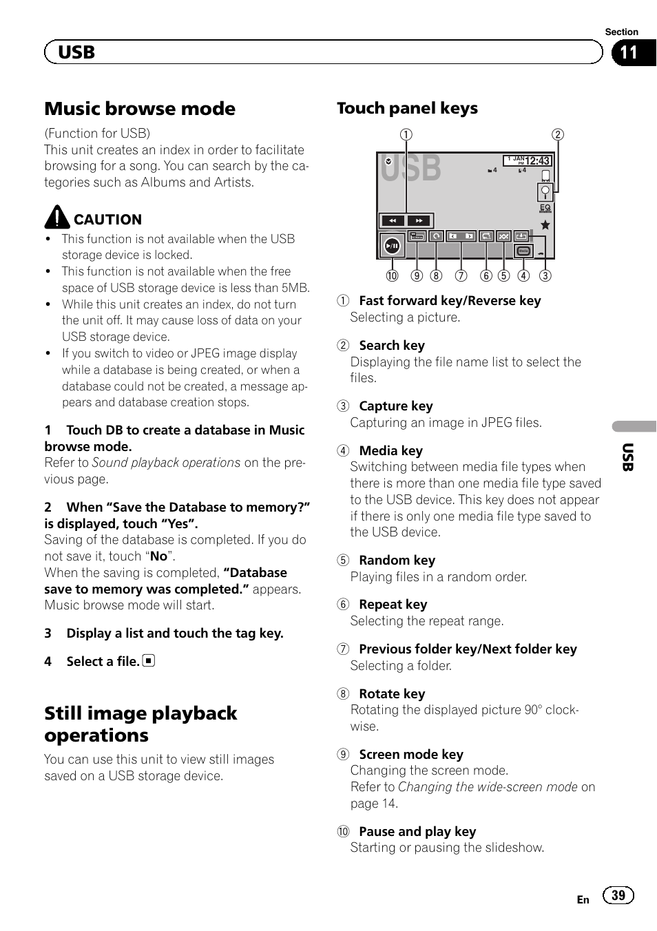 Music browse mode, Still image playback operations, Touch panel keys | Pioneer AVH-X2500BT User Manual | Page 39 / 96