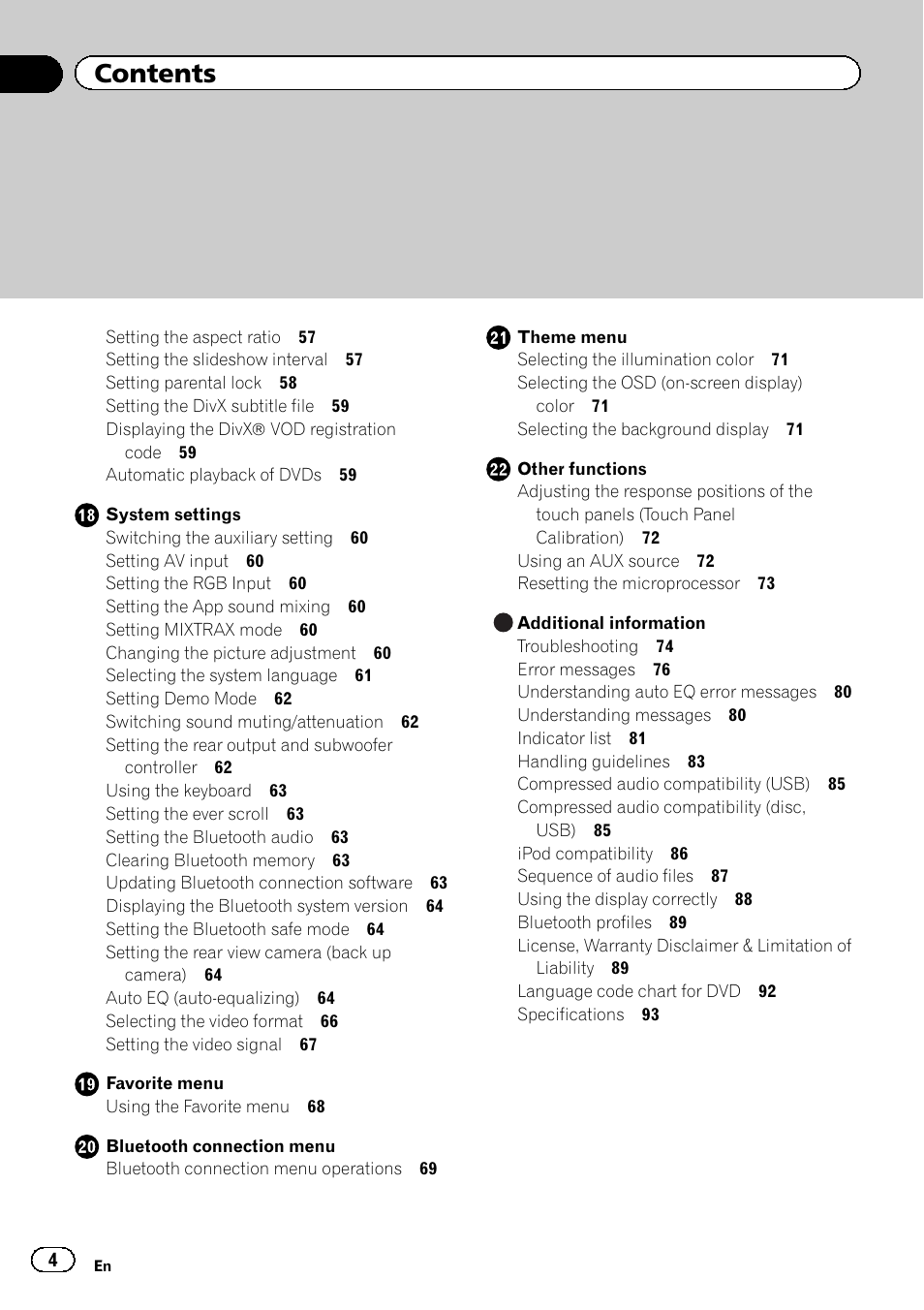 Pioneer AVH-X2500BT User Manual | Page 4 / 96