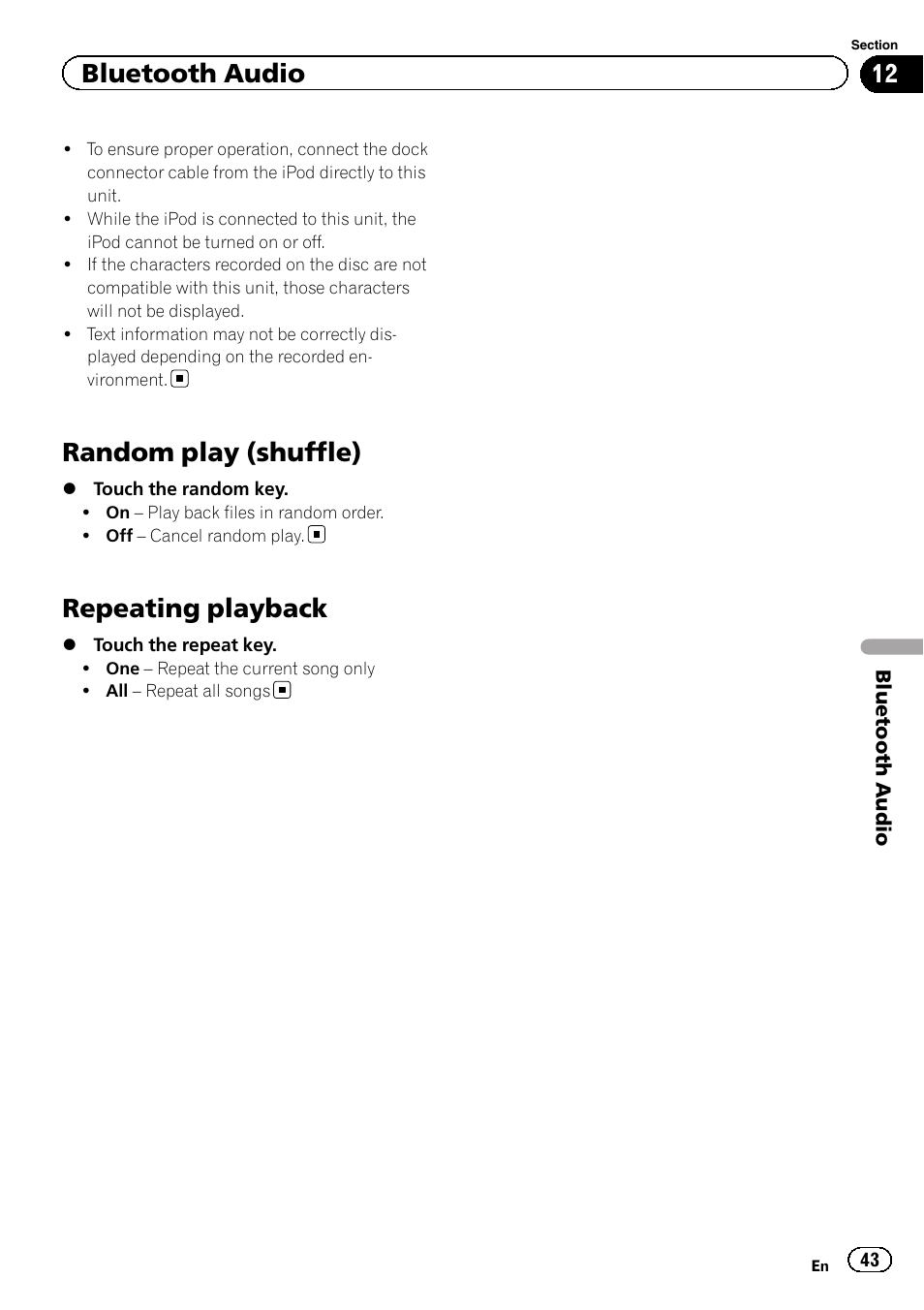 Random play (shuffle), Repeating playback, Bluetooth audio | Pioneer AVH-X2500BT User Manual | Page 43 / 96