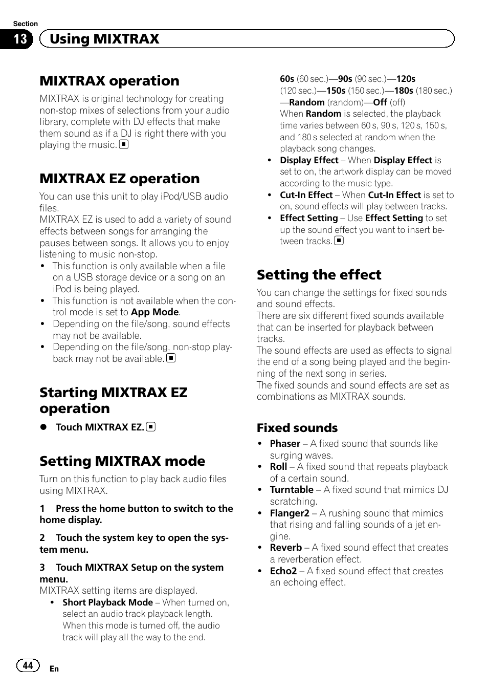 Using mixtrax mixtrax operation, Mixtrax ez operation, Starting mixtrax ez operation | Setting mixtrax mode, Setting the effect, Mixtrax operation, 13 using mixtrax | Pioneer AVH-X2500BT User Manual | Page 44 / 96