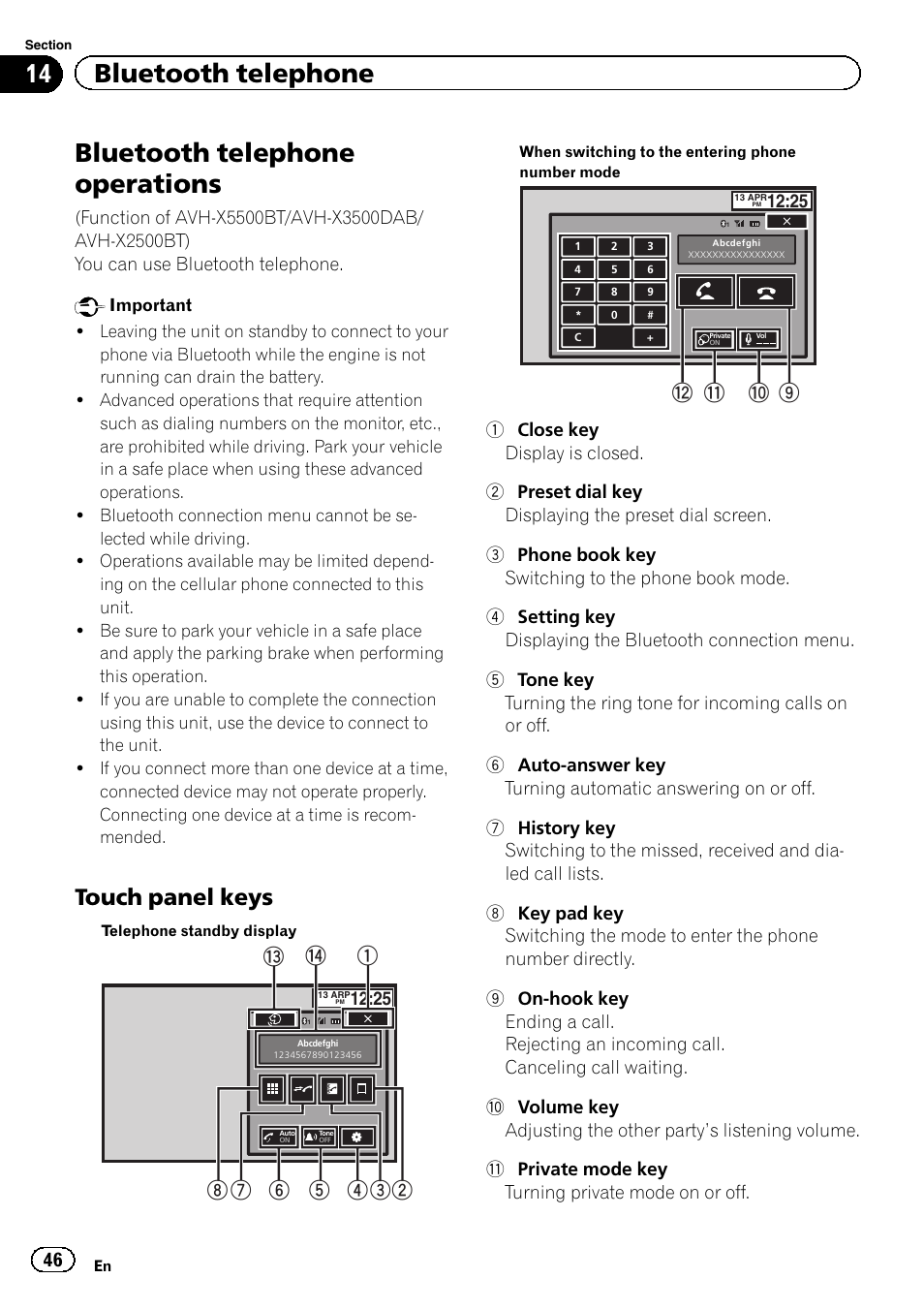 Bluetooth telephone bluetooth telephone operations, Bluetooth telephone operations, 14 bluetooth telephone | Touch panel keys, 9a b c | Pioneer AVH-X2500BT User Manual | Page 46 / 96
