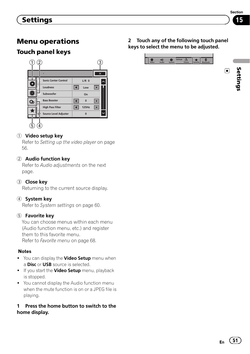 Settings menu operations, Menu operations, Touch panel keys | Settings | Pioneer AVH-X2500BT User Manual | Page 51 / 96