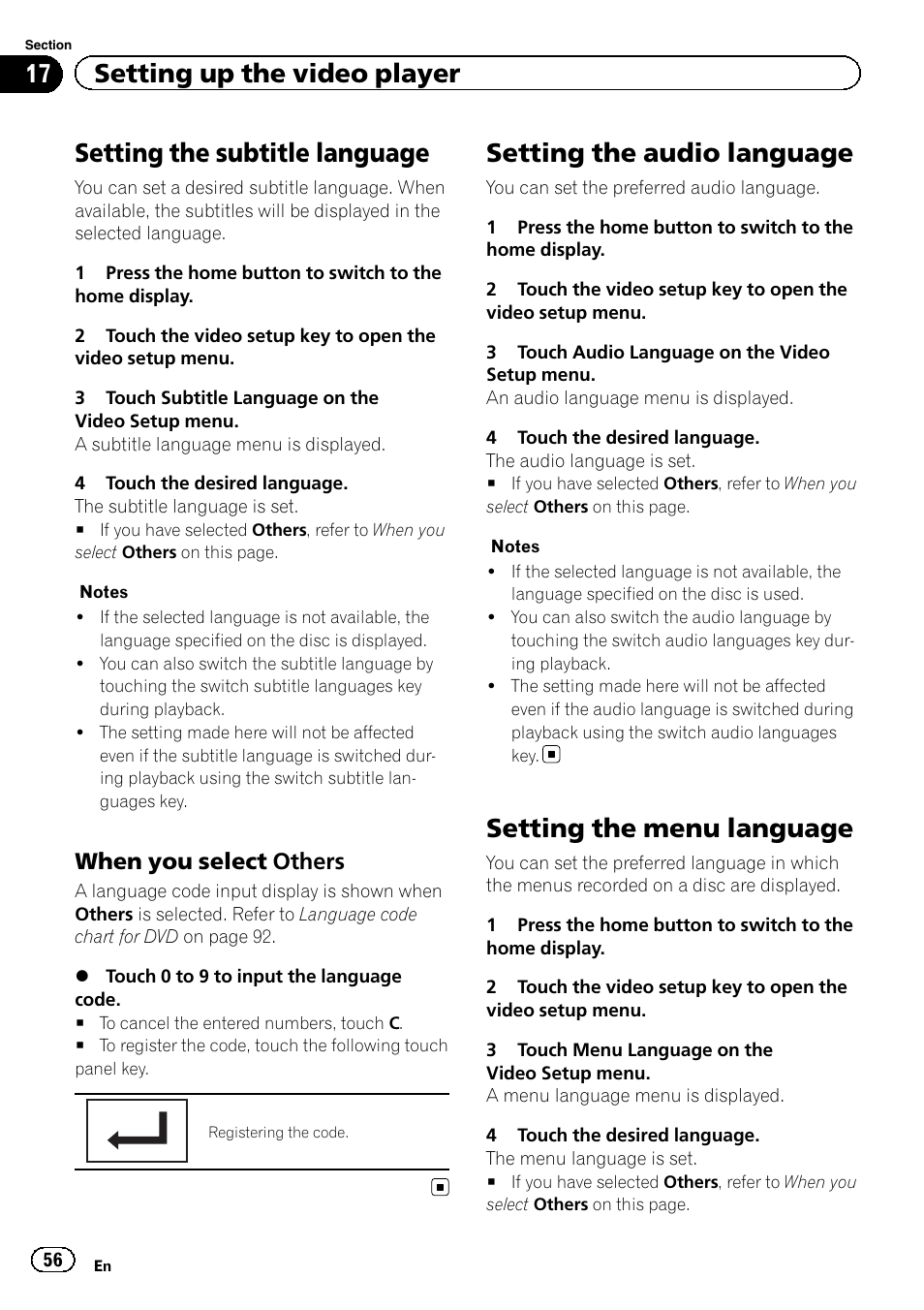 Setting the audio language, Setting the menu language, Setting the subtitle language | 17 setting up the video player, When you select others | Pioneer AVH-X2500BT User Manual | Page 56 / 96