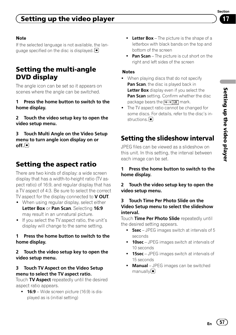 Setting the multi-angle dvd display, Setting the aspect ratio, Setting the slideshow interval | Setting up the video player | Pioneer AVH-X2500BT User Manual | Page 57 / 96