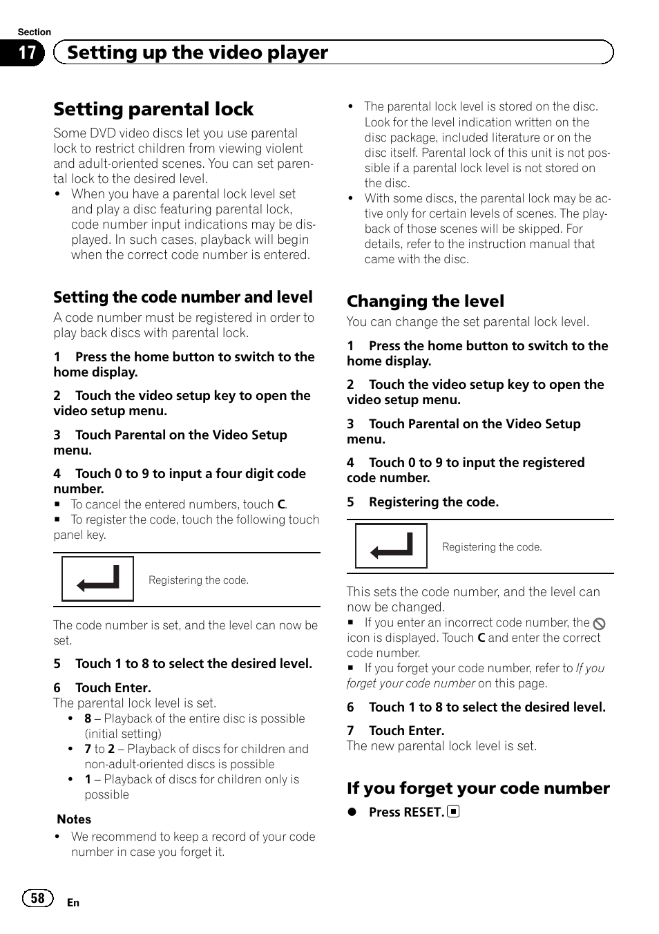 Setting parental lock, 17 setting up the video player, Setting the code number and level | Changing the level, If you forget your code number | Pioneer AVH-X2500BT User Manual | Page 58 / 96