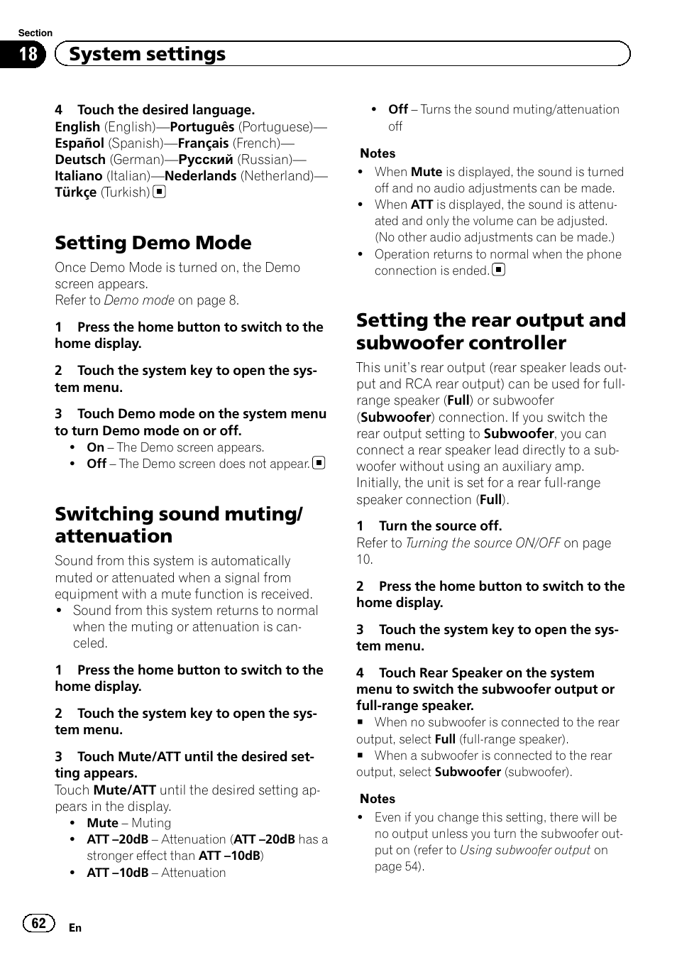 Setting demo mode, Switching sound muting/attenuation, Setting the rear output and subwoofer | Controller, Switching sound muting/ attenuation, Setting the rear output and subwoofer controller, 18 system settings | Pioneer AVH-X2500BT User Manual | Page 62 / 96
