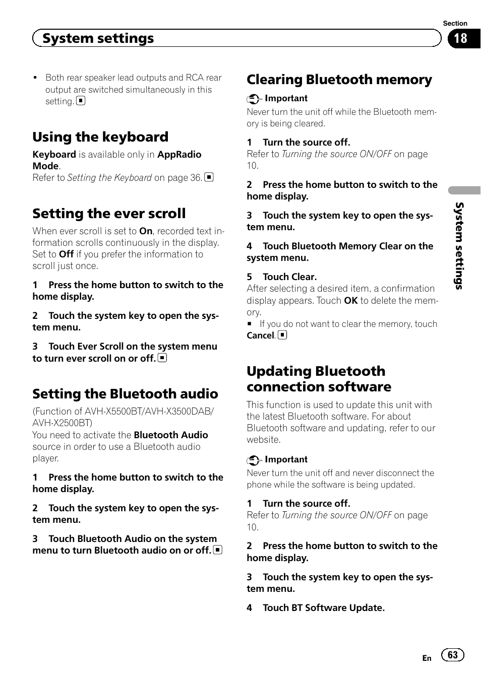 Using the keyboard, Setting the ever scroll, Setting the bluetooth audio | Clearing bluetooth memory, Updating bluetooth connection software, System settings | Pioneer AVH-X2500BT User Manual | Page 63 / 96
