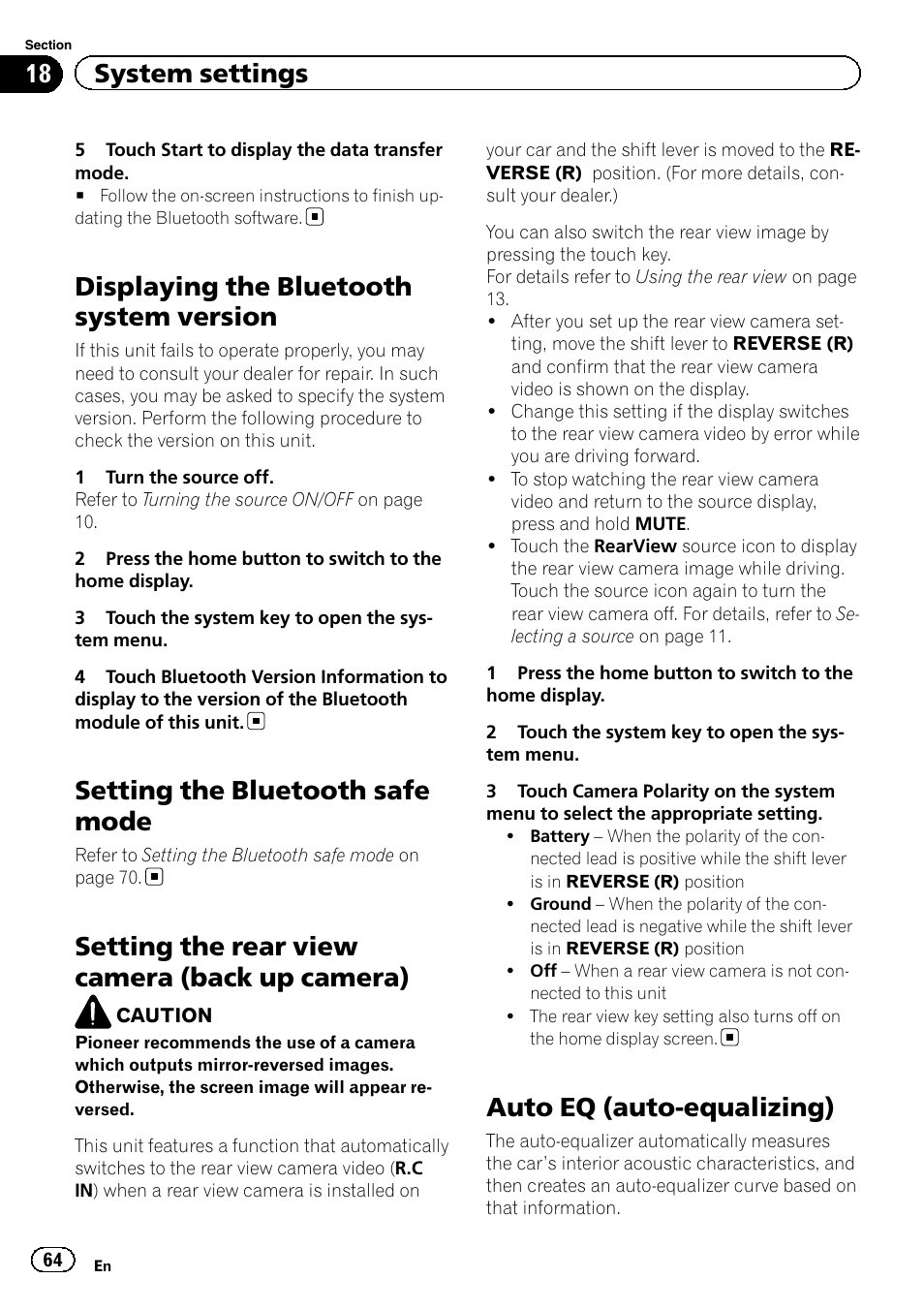 Displaying the bluetooth system version, Setting the bluetooth safe mode, Setting the rear view camera (back up | Camera), Auto eq (auto-equalizing), Setting the rear view camera (back up camera), 18 system settings | Pioneer AVH-X2500BT User Manual | Page 64 / 96