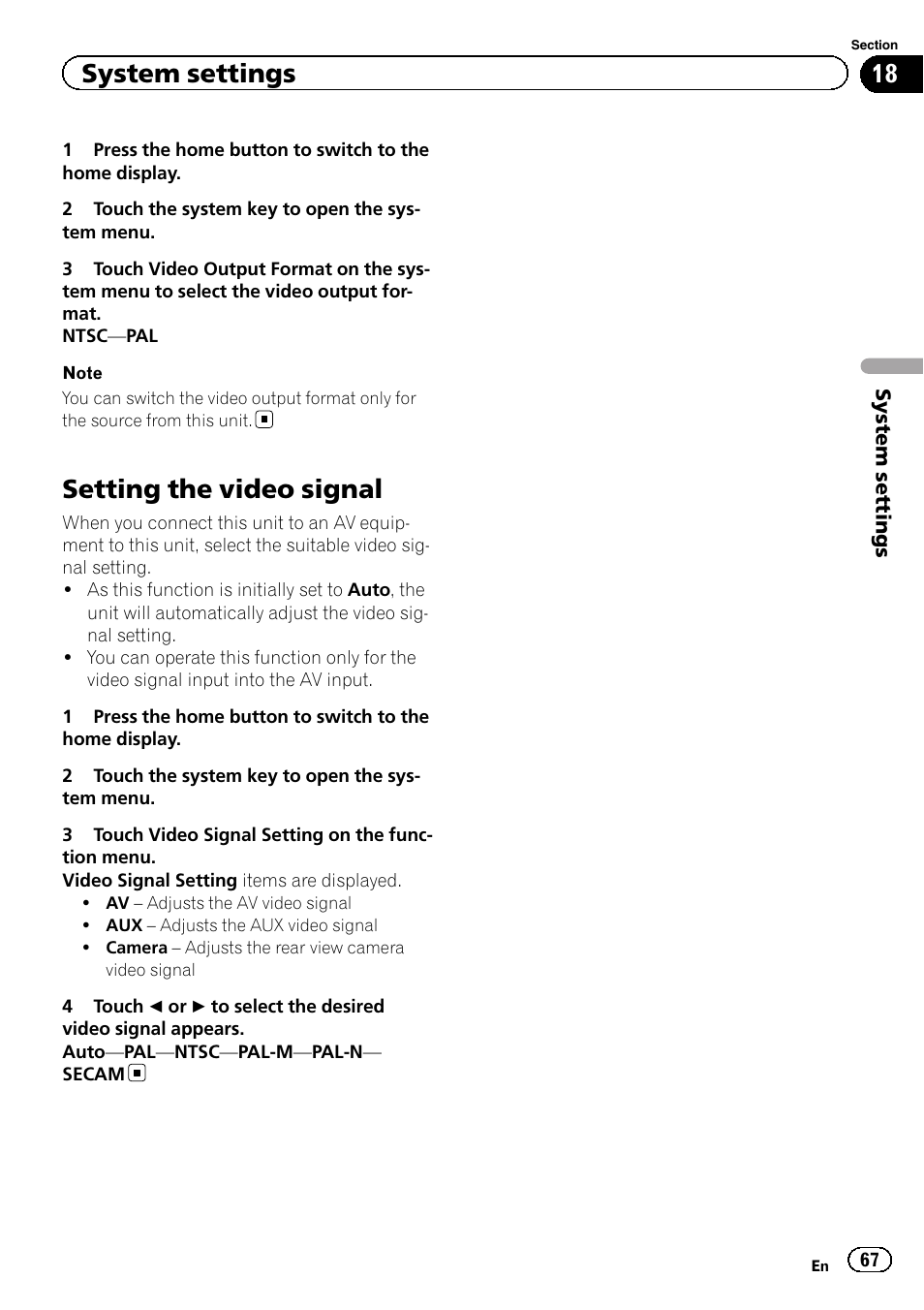 Setting the video signal, System settings | Pioneer AVH-X2500BT User Manual | Page 67 / 96