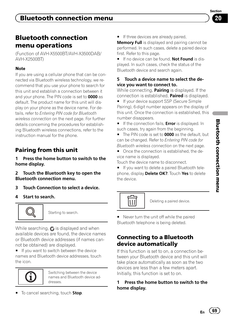 Bluetooth connection menu operations, Bluetooth connection menu, Pairing from this unit | Connecting to a bluetooth device automatically | Pioneer AVH-X2500BT User Manual | Page 69 / 96