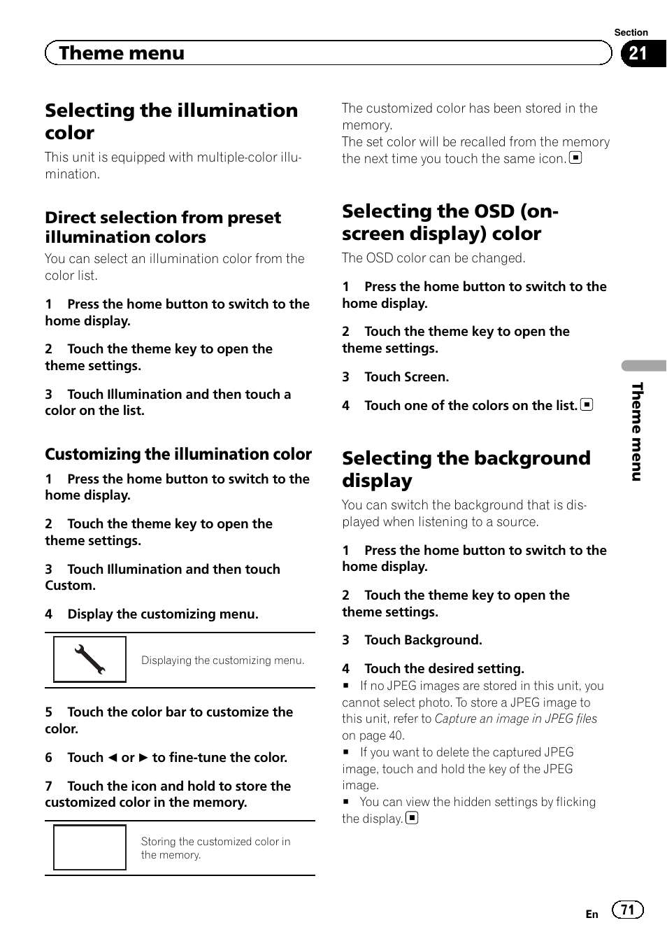 Theme menu selecting the illumination color, Selecting the osd (on-screen display), Color | Selecting the background display, Selecting the, Selecting the illumination color, Selecting the osd (on- screen display) color, Theme menu | Pioneer AVH-X2500BT User Manual | Page 71 / 96