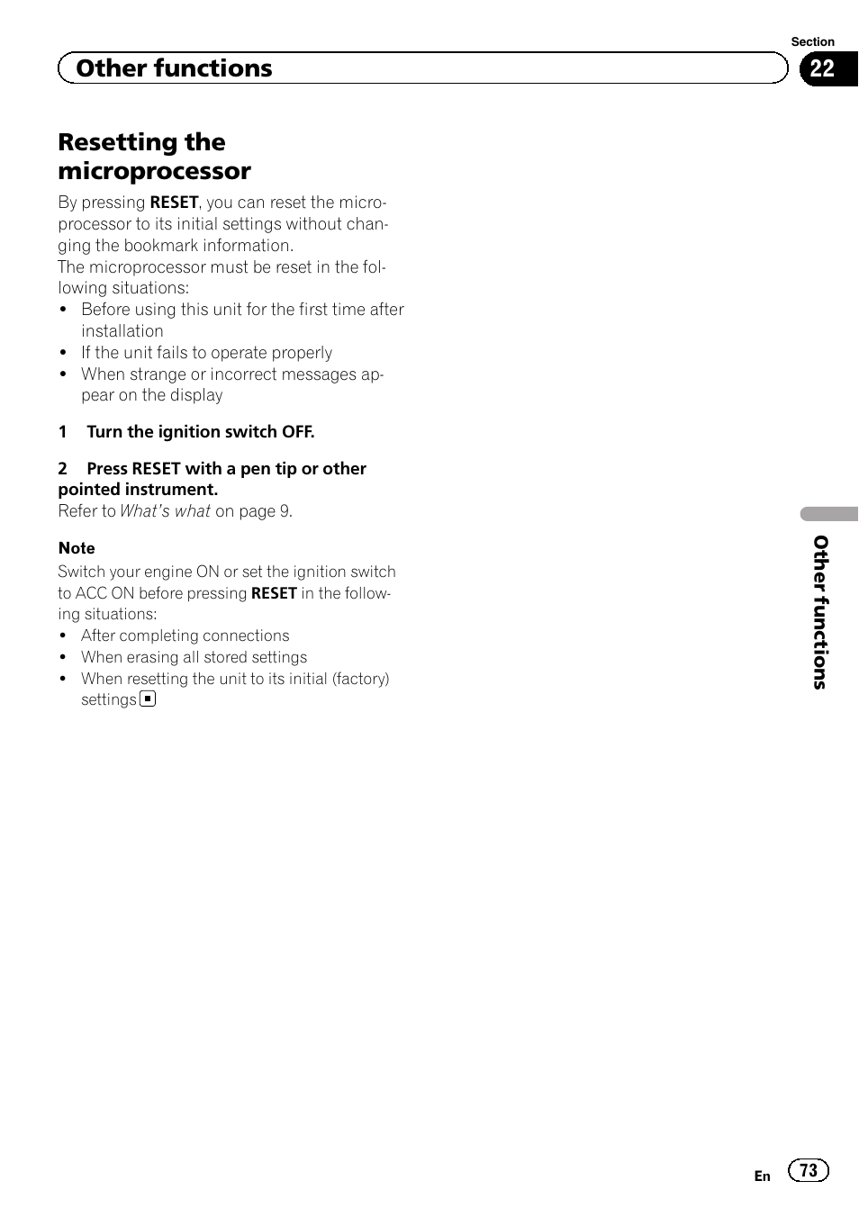 Resetting the microprocessor, Other functions | Pioneer AVH-X2500BT User Manual | Page 73 / 96