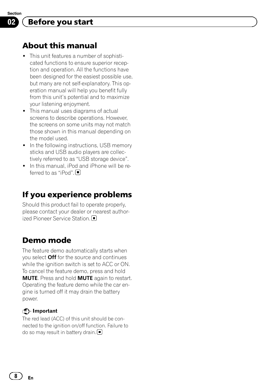 About this manual, If you experience problems, Demo mode | 02 before you start | Pioneer AVH-X2500BT User Manual | Page 8 / 96