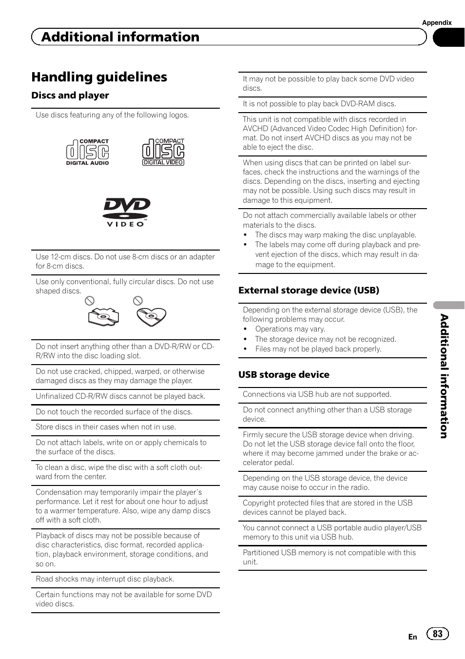 Handling guidelines, Additional information | Pioneer AVH-X2500BT User Manual | Page 83 / 96