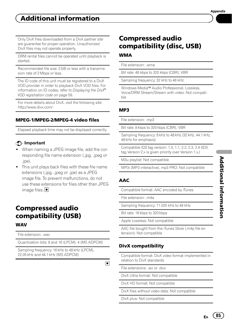Compressed audio compatibility (usb), Compressed audio compatibility (disc, Usb) | Compressed audio compatibility (disc, usb), Additional information | Pioneer AVH-X2500BT User Manual | Page 85 / 96