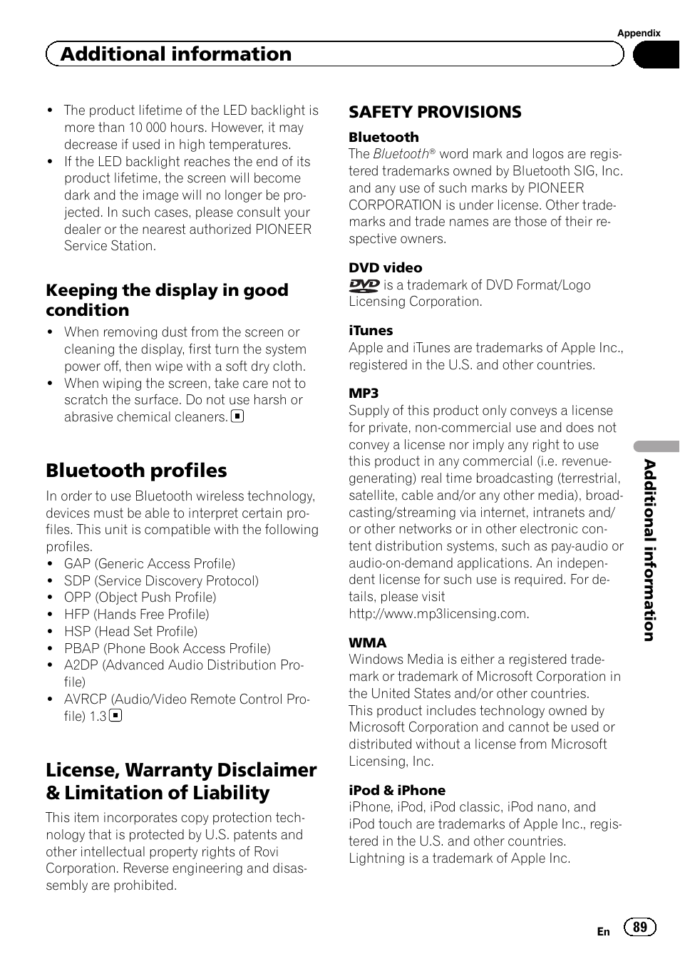 Bluetooth profiles, License, warranty disclaimer & limitation of, Liability | Additional information, Keeping the display in good condition, Safety provisions | Pioneer AVH-X2500BT User Manual | Page 89 / 96