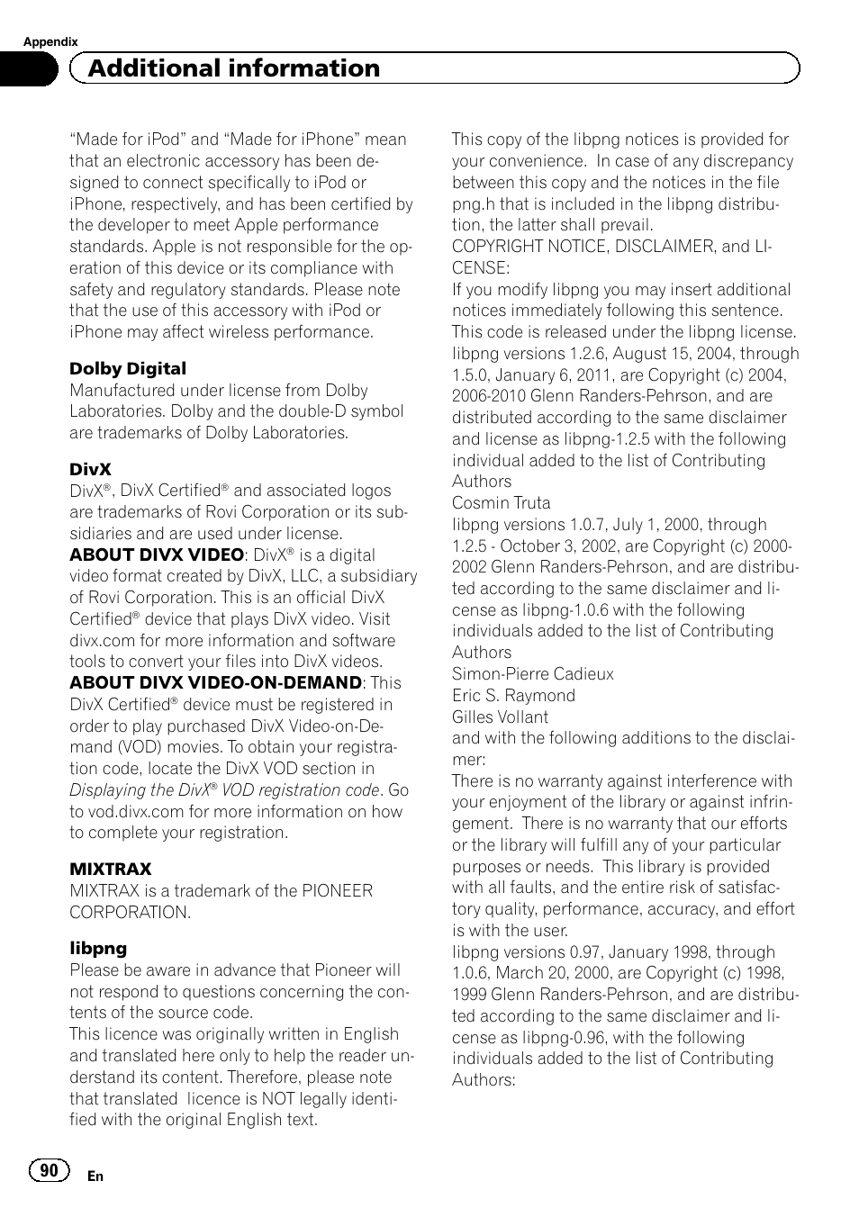 Additional information | Pioneer AVH-X2500BT User Manual | Page 90 / 96