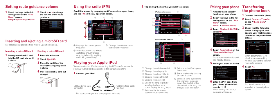 Pairing your phone, Transferring the phone book, Setting route guidance volume | Using the radio (fm) playing your apple ipod, Inserting and ejecting a microsd card | Pioneer AVIC-F940BT User Manual | Page 2 / 2