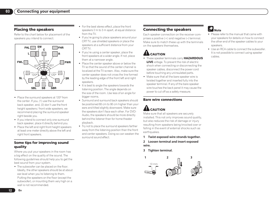 Placing the speakers connecting the speakers, Placing the speakers | Pioneer VSX-921 User Manual | Page 12 / 92