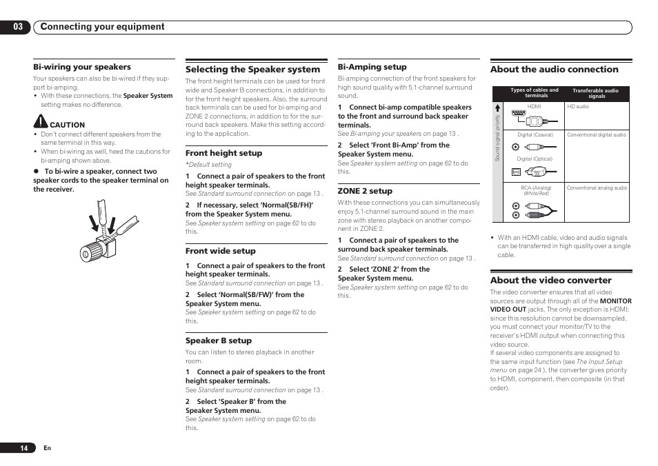 03 connecting your equipment, About the audio connection, About the video converter | Selecting the speaker system | Pioneer VSX-921 User Manual | Page 14 / 92