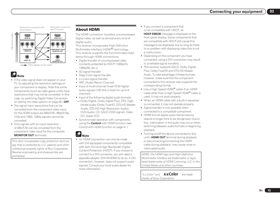 About hdmi, 03 connecting your equipment | Pioneer VSX-921 User Manual | Page 15 / 92