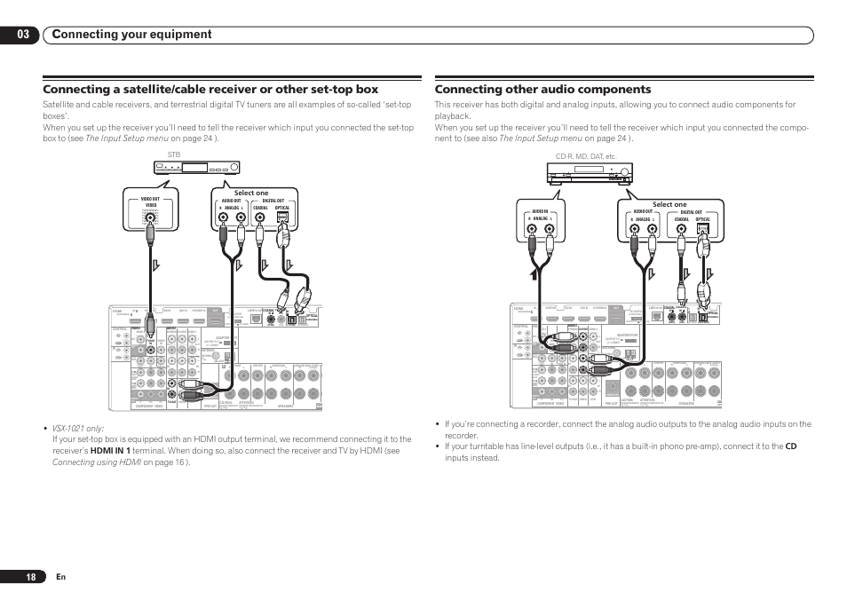 Connecting other audio components, Cd-r, md, dat, etc. select one, Select one stb | Pioneer VSX-921 User Manual | Page 18 / 92