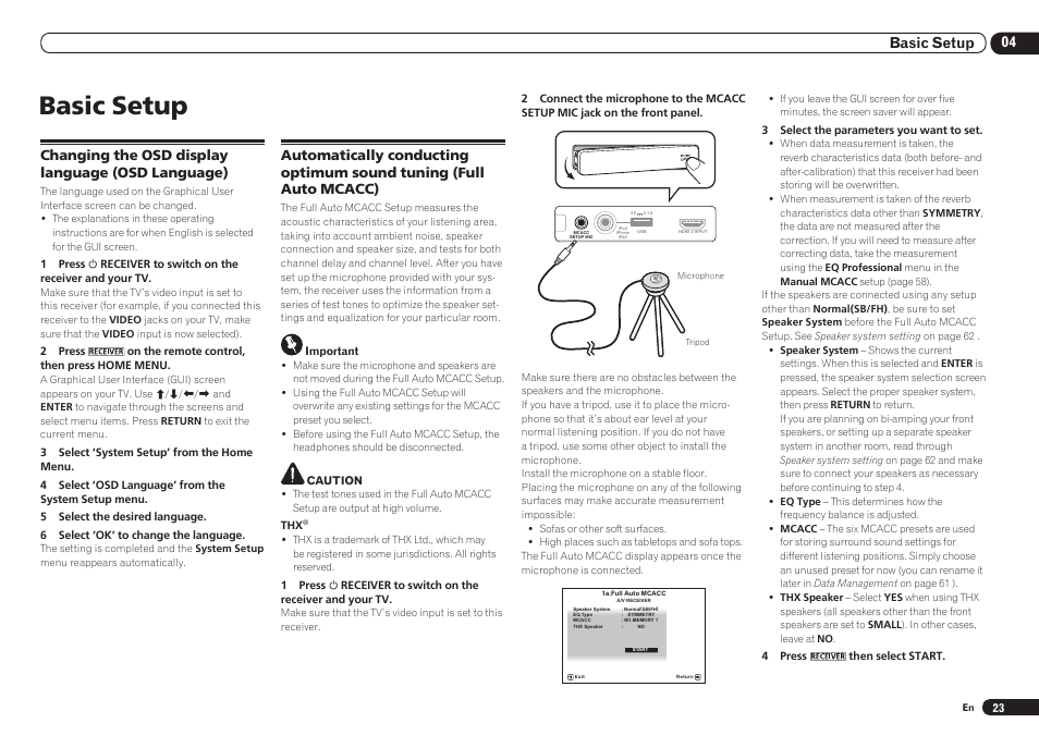 Basic setup, 04 basic setup, Changing the osd display language (osd language) | Pioneer VSX-921 User Manual | Page 23 / 92