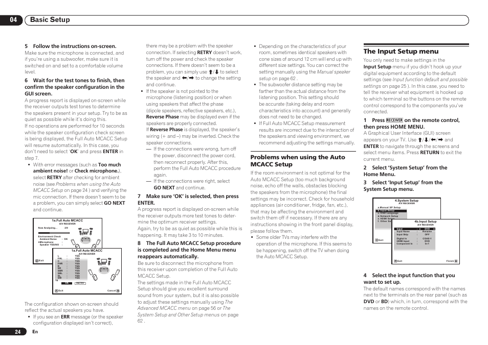 The input setup menu, 04 basic setup, Problems when using the auto mcacc setup | 5 follow the instructions on-screen, 7 make sure ‘ok’ is selected, then press enter | Pioneer VSX-921 User Manual | Page 24 / 92