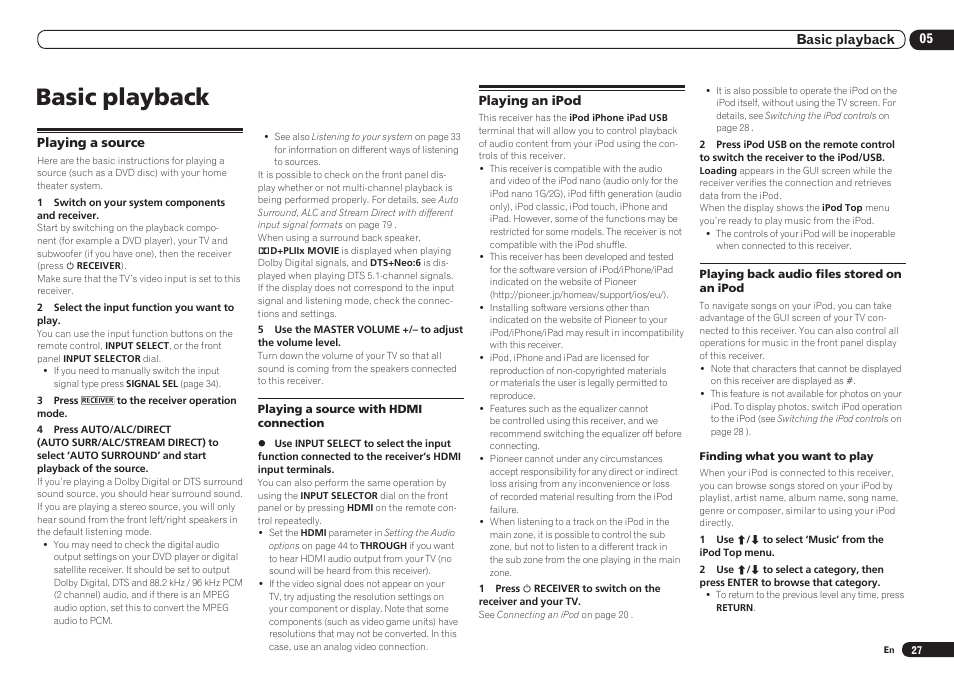 Playing a source playing an ipod, Basic playback | Pioneer VSX-921 User Manual | Page 27 / 92