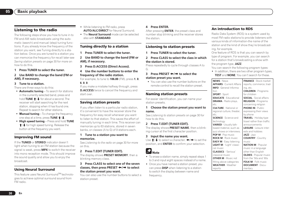 Listening to the radio, 05 basic playback | Pioneer VSX-921 User Manual | Page 30 / 92