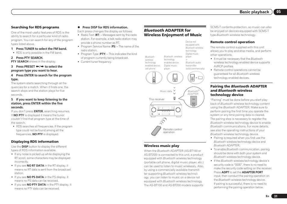 Bluetooth adapter for wireless enjoyment of music | Pioneer VSX-921 User Manual | Page 31 / 92