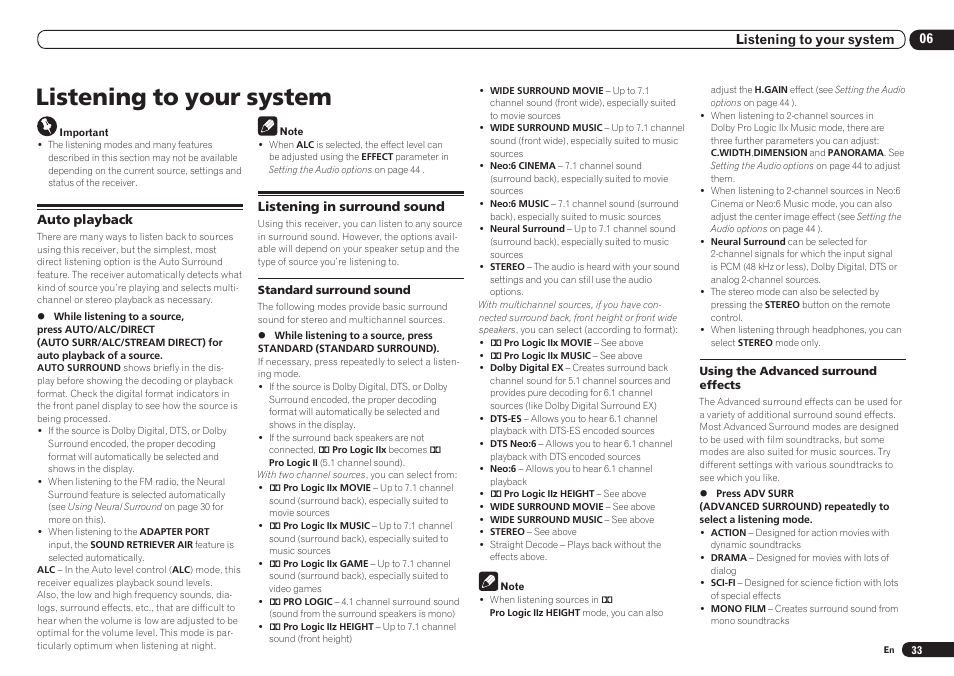 Auto playback listening in surround sound, Listening to your system, 06 listening to your system | Auto playback, Listening in surround sound | Pioneer VSX-921 User Manual | Page 33 / 92
