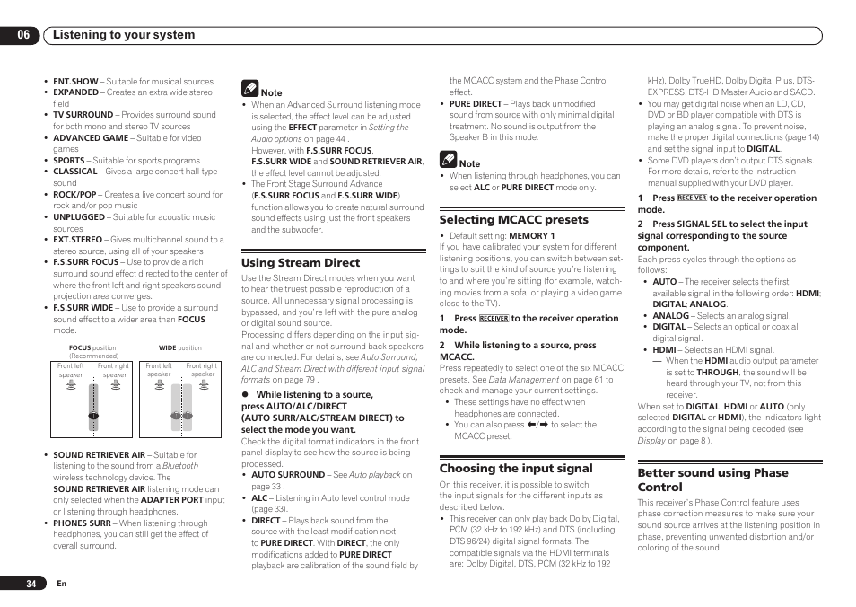 06 listening to your system, Selecting mcacc presets, Choosing the input signal | Better sound using phase control, Using stream direct | Pioneer VSX-921 User Manual | Page 34 / 92