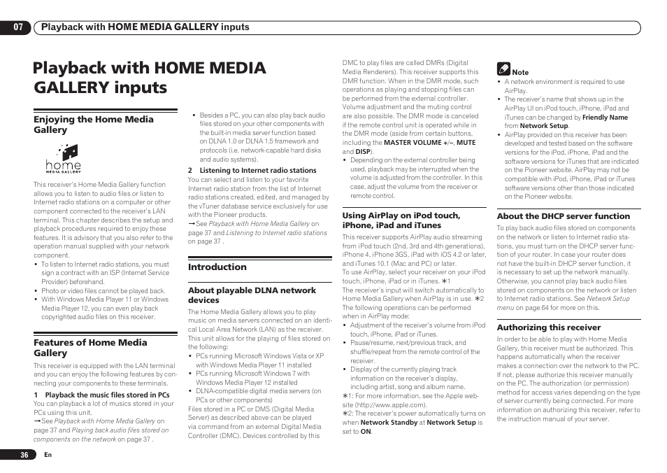 Playback with home media gallery inputs | Pioneer VSX-921 User Manual | Page 36 / 92