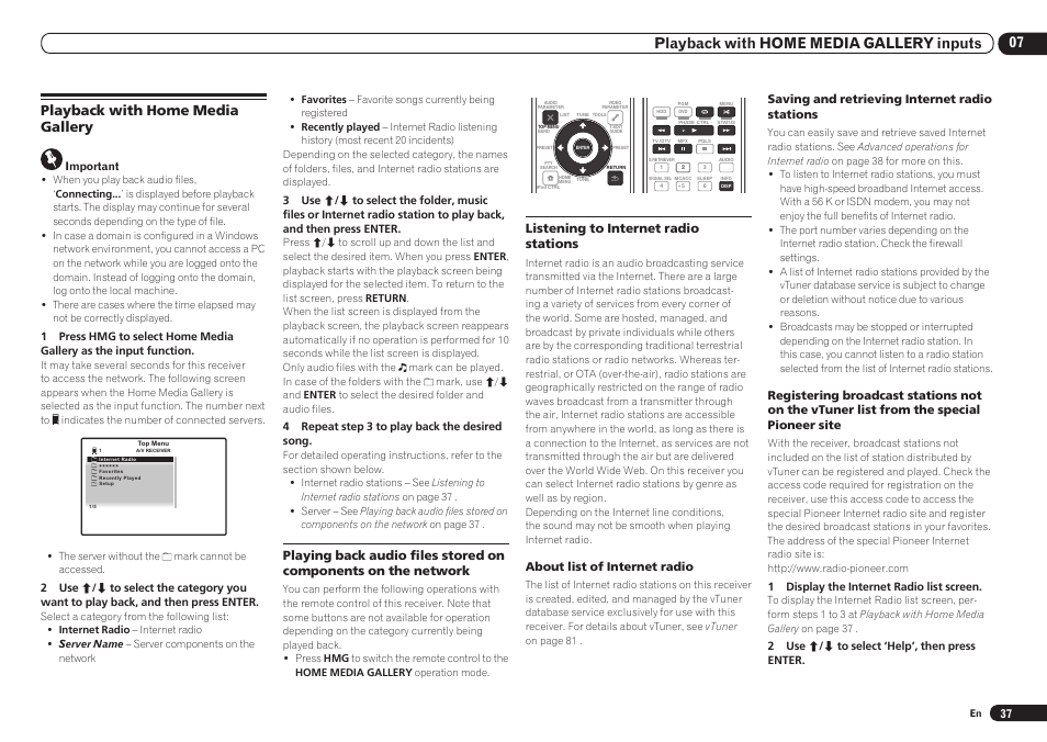 Playback with home media gallery, Listening to internet radio stations, About list of internet radio | Saving and retrieving internet radio stations | Pioneer VSX-921 User Manual | Page 37 / 92