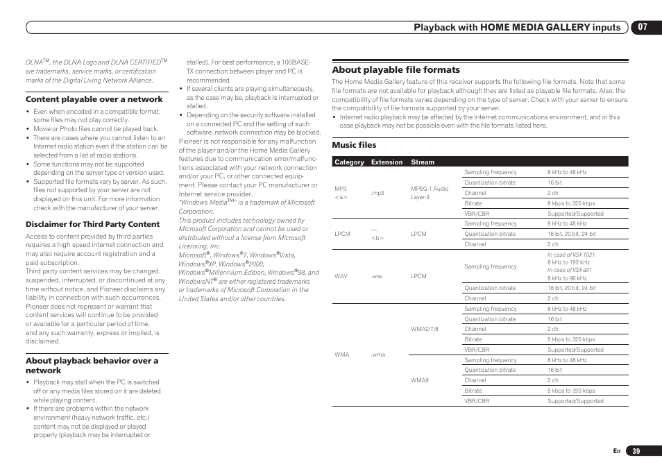 About playable file formats, 07 playback with home media gallery inputs | Pioneer VSX-921 User Manual | Page 39 / 92