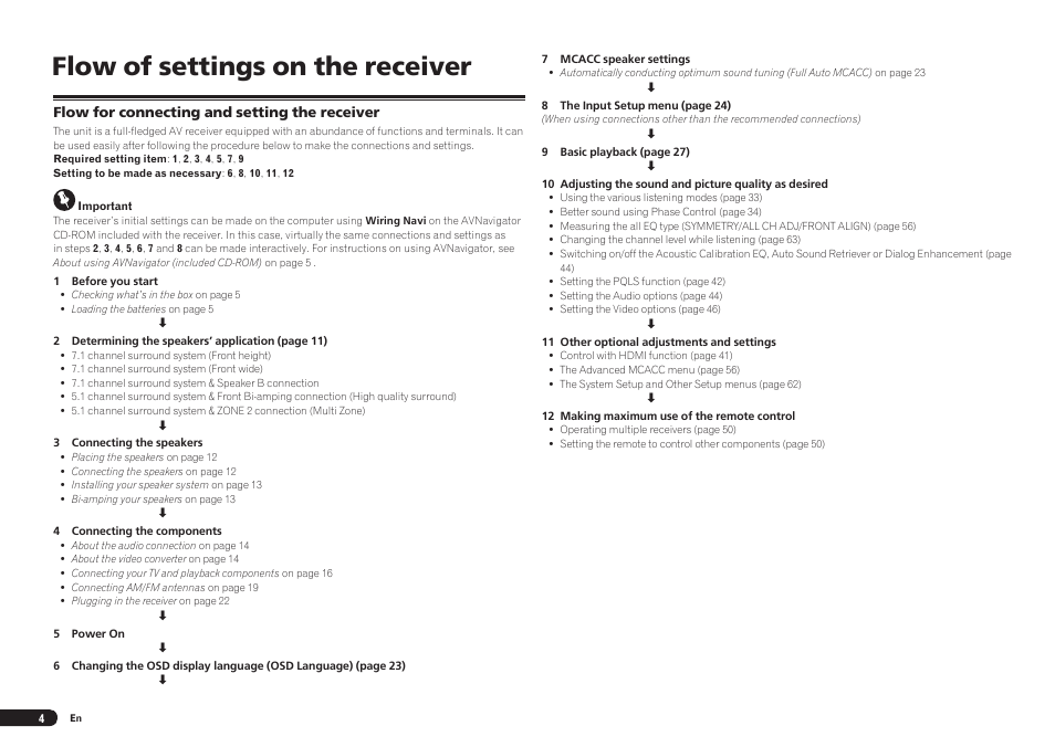 Flow of settings on the receiver, Flow for connecting and setting the receiver | Pioneer VSX-921 User Manual | Page 4 / 92