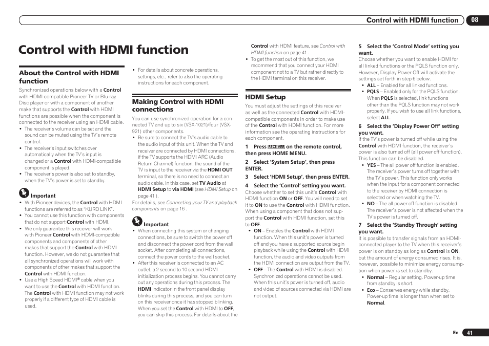 Control with hdmi function | Pioneer VSX-921 User Manual | Page 41 / 92