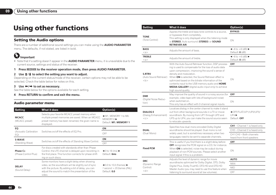 Setting the audio options, Using other functions, 09 using other functions | Pioneer VSX-921 User Manual | Page 44 / 92